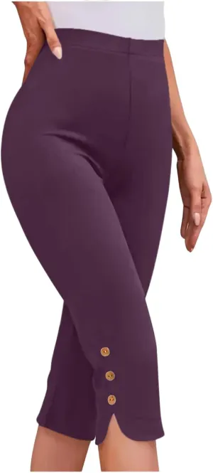 Oplxuo Capri Pants for Women Casual Summer Dressy Pull On Stretch High Waisted Buttons Slit Bottom Crop Work Leggings