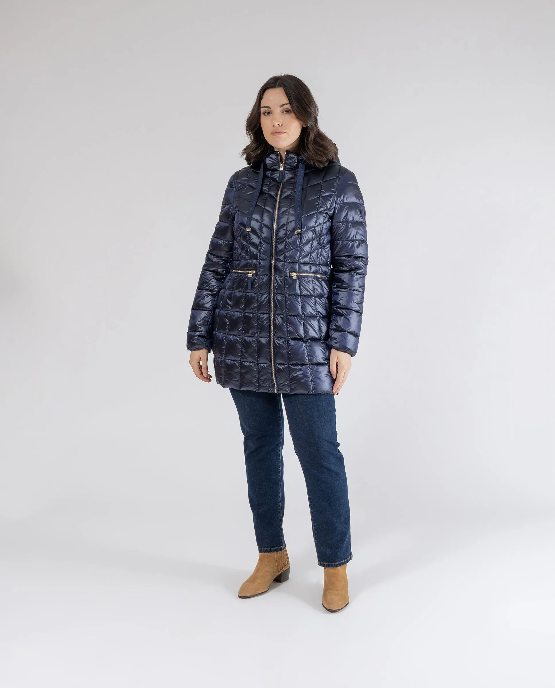 PARKA ENTALLADA LARGA CON CAPUCHA AZUL OSCURO