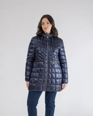 PARKA ENTALLADA LARGA CON CAPUCHA AZUL OSCURO