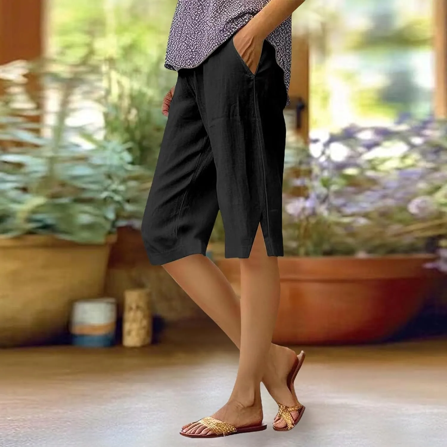 Pedal Pushers for Women Lightweight Linen Capri Pants Casual Elastic Waist Bermuda Shorts Summer Beach Pant