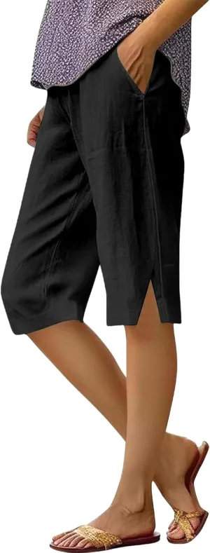 Pedal Pushers for Women Lightweight Linen Capri Pants Casual Elastic Waist Bermuda Shorts Summer Beach Pant