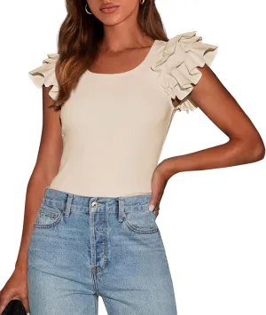 PRETTYGARDEN Women's Ruffle Short Sleeve Shirts 2025 Summer Casual Basic Tee Cute Fitted Crew Neck Fashion Tops Clothes