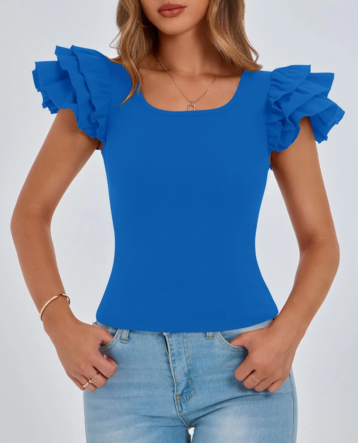 PRETTYGARDEN Women's Ruffle Short Sleeve Shirts 2025 Summer Casual Basic Tee Cute Fitted Crew Neck Fashion Tops Clothes