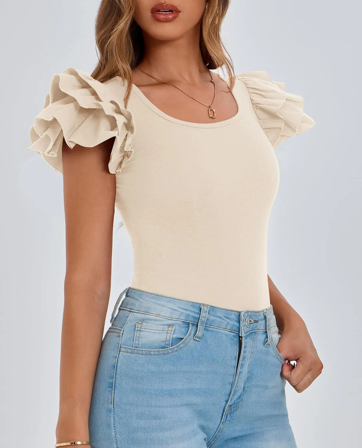 PRETTYGARDEN Women's Ruffle Short Sleeve Shirts 2025 Summer Casual Basic Tee Cute Fitted Crew Neck Fashion Tops Clothes