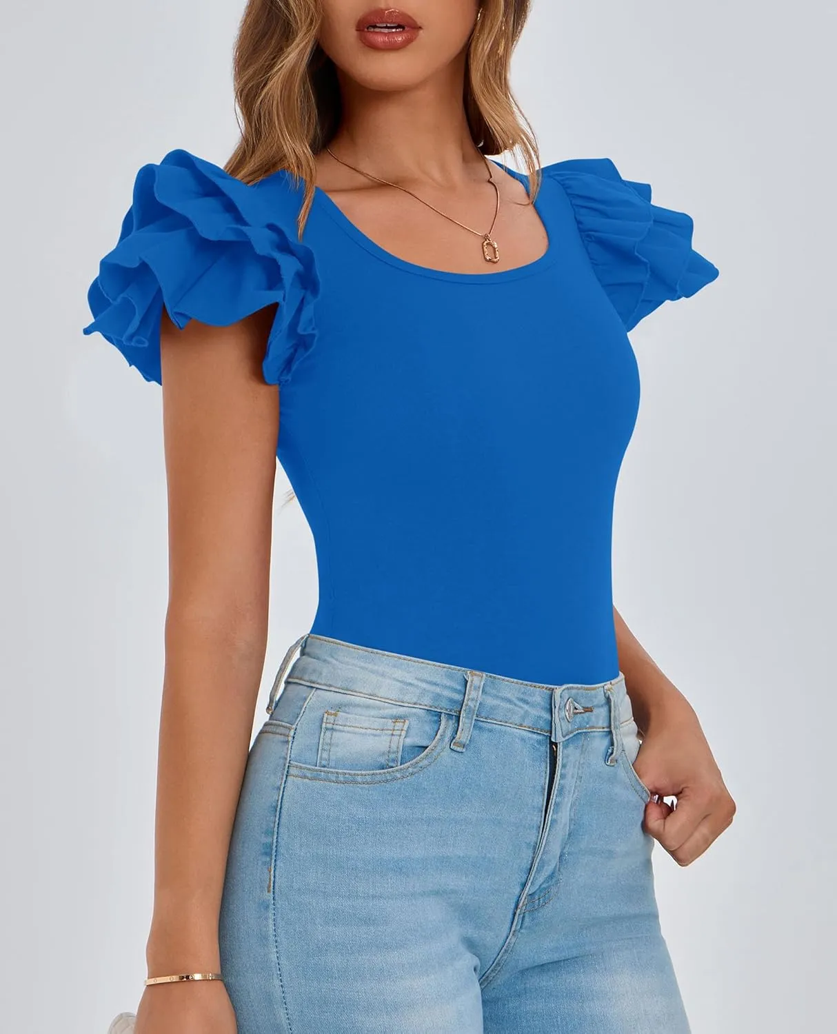 PRETTYGARDEN Women's Ruffle Short Sleeve Shirts 2025 Summer Casual Basic Tee Cute Fitted Crew Neck Fashion Tops Clothes