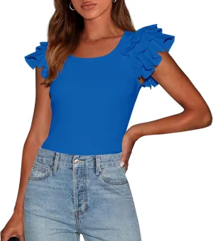 PRETTYGARDEN Women's Ruffle Short Sleeve Shirts 2025 Summer Casual Basic Tee Cute Fitted Crew Neck Fashion Tops Clothes
