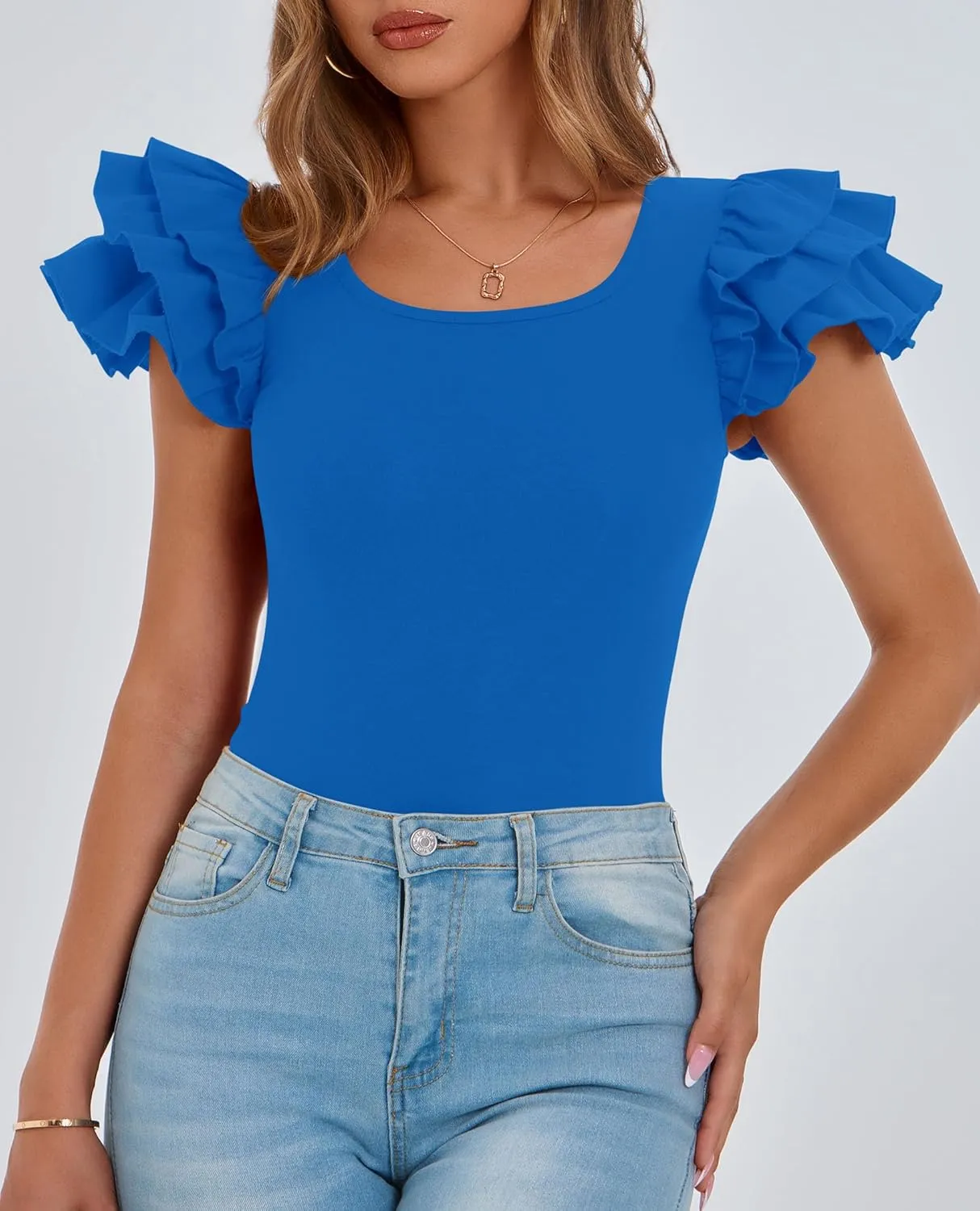 PRETTYGARDEN Women's Ruffle Short Sleeve Shirts 2025 Summer Casual Basic Tee Cute Fitted Crew Neck Fashion Tops Clothes