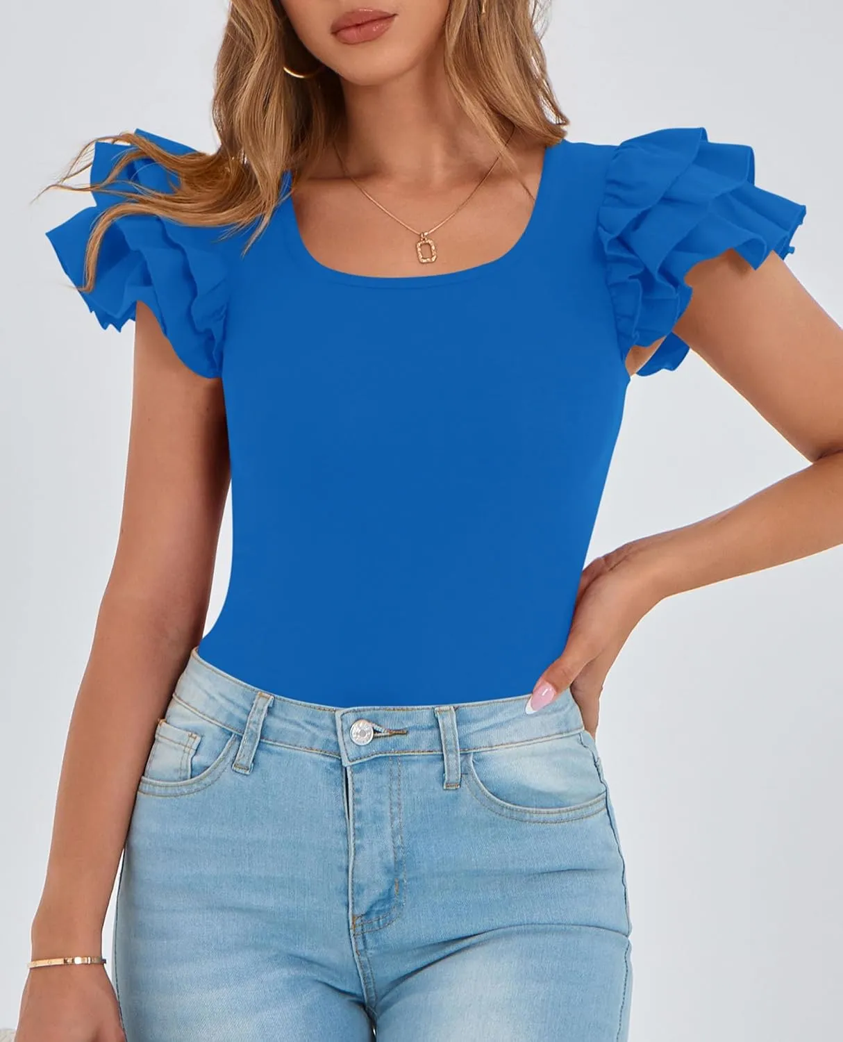 PRETTYGARDEN Women's Ruffle Short Sleeve Shirts 2025 Summer Casual Basic Tee Cute Fitted Crew Neck Fashion Tops Clothes