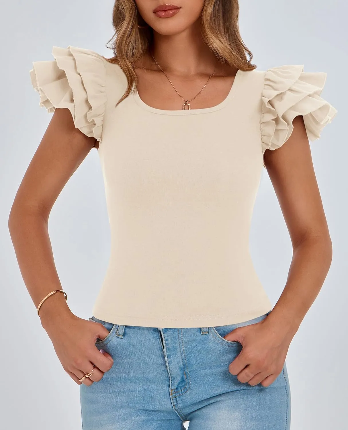 PRETTYGARDEN Women's Ruffle Short Sleeve Shirts 2025 Summer Casual Basic Tee Cute Fitted Crew Neck Fashion Tops Clothes