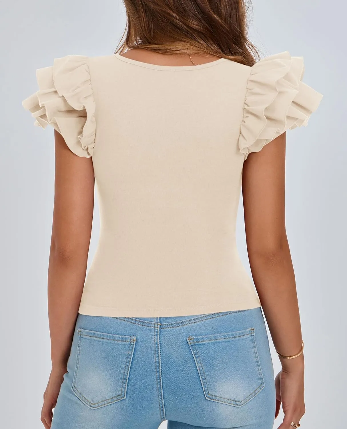 PRETTYGARDEN Women's Ruffle Short Sleeve Shirts 2025 Summer Casual Basic Tee Cute Fitted Crew Neck Fashion Tops Clothes