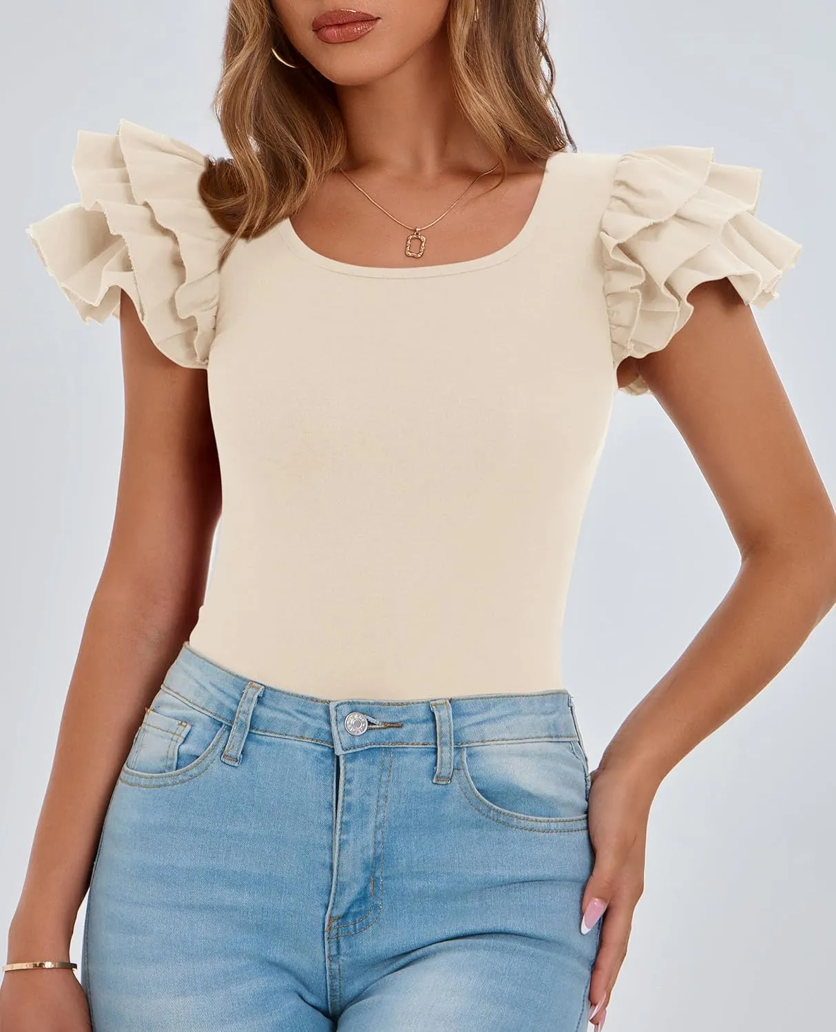 PRETTYGARDEN Women's Ruffle Short Sleeve Shirts 2025 Summer Casual Basic Tee Cute Fitted Crew Neck Fashion Tops Clothes