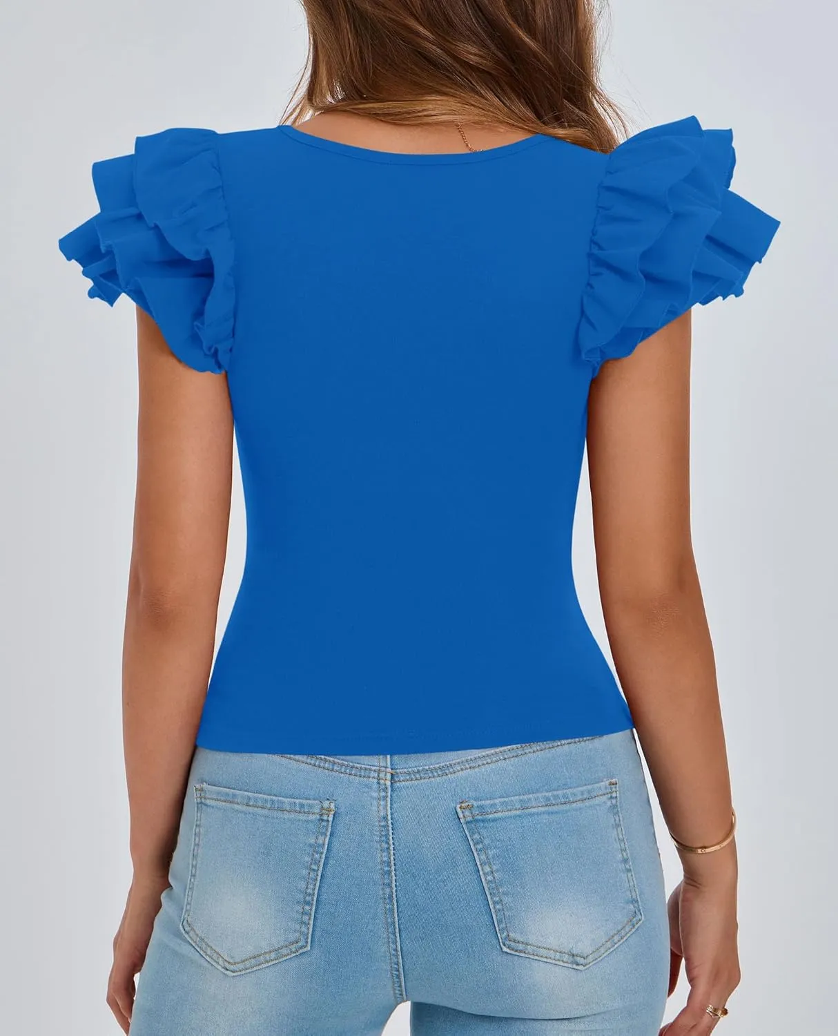PRETTYGARDEN Women's Ruffle Short Sleeve Shirts 2025 Summer Casual Basic Tee Cute Fitted Crew Neck Fashion Tops Clothes