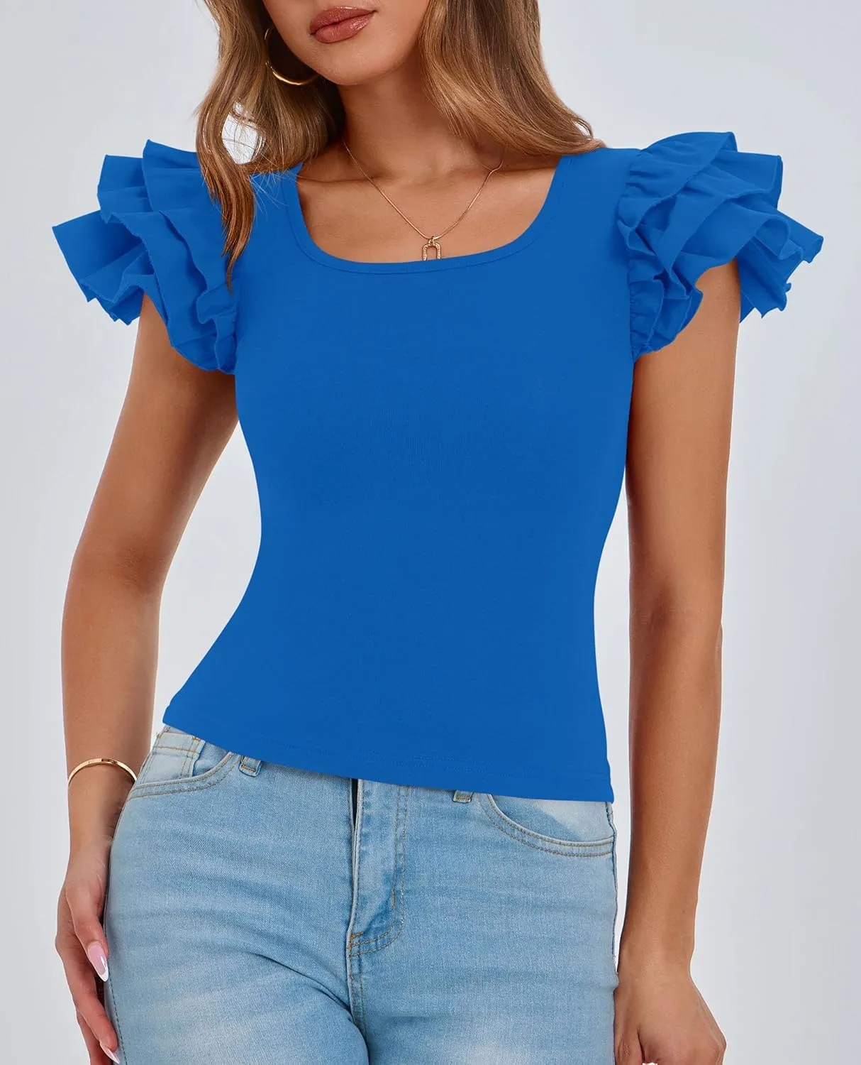 PRETTYGARDEN Women's Ruffle Short Sleeve Shirts 2025 Summer Casual Basic Tee Cute Fitted Crew Neck Fashion Tops Clothes