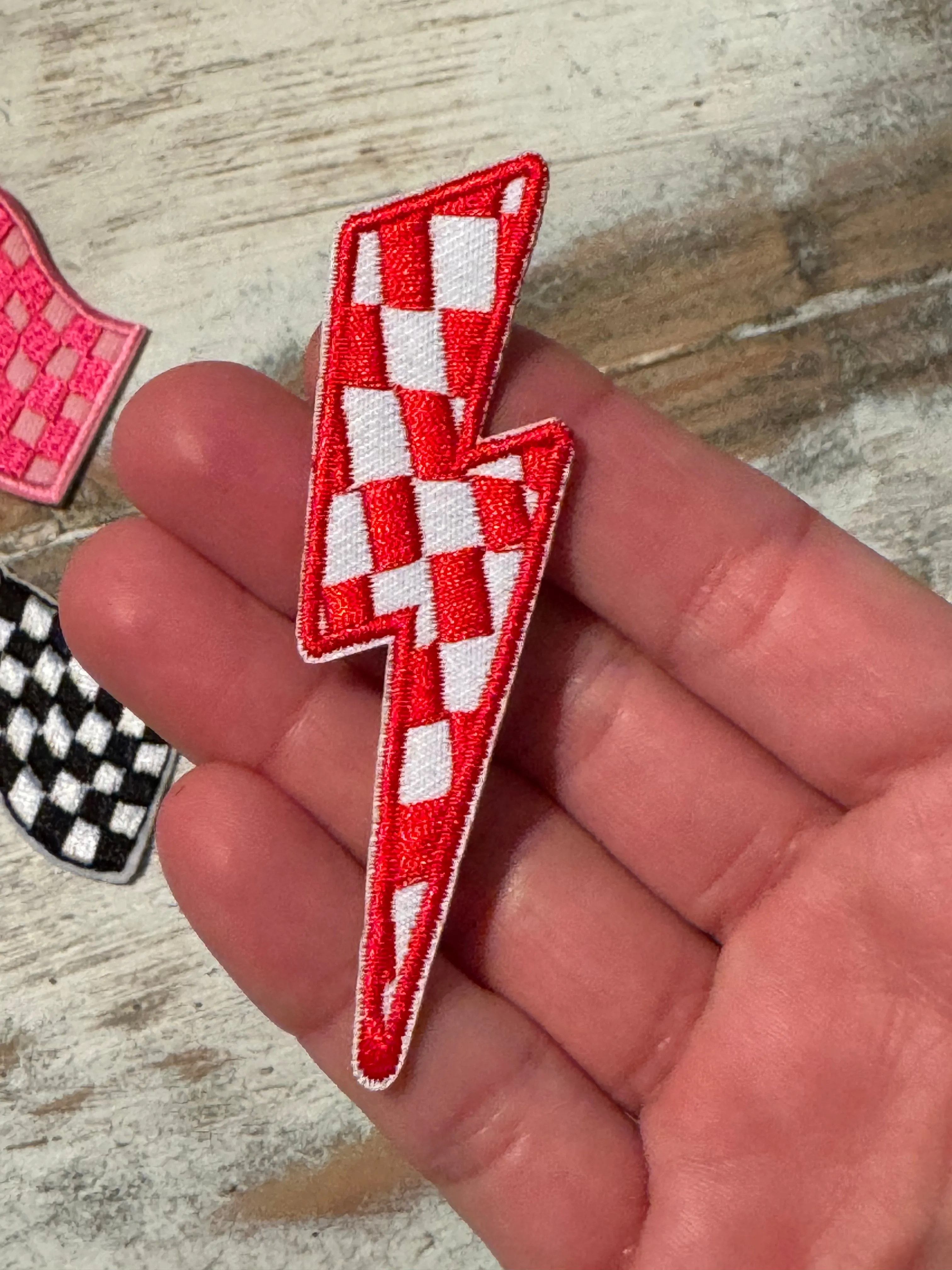 Race Day Checkered Flags & Lightening Bolt Iron On Patches