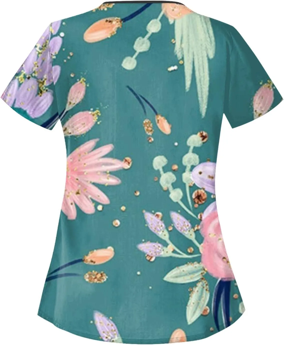 Scrubs for Women Short Sleeve Slant Collar Care Workwear Dressy Print T Shirts Classic Scrubs Tops with 4 Pockets