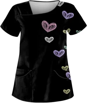 Scrubs for Women Short Sleeve Slant Collar Care Workwear Dressy Print T Shirts Classic Scrubs Tops with 4 Pockets