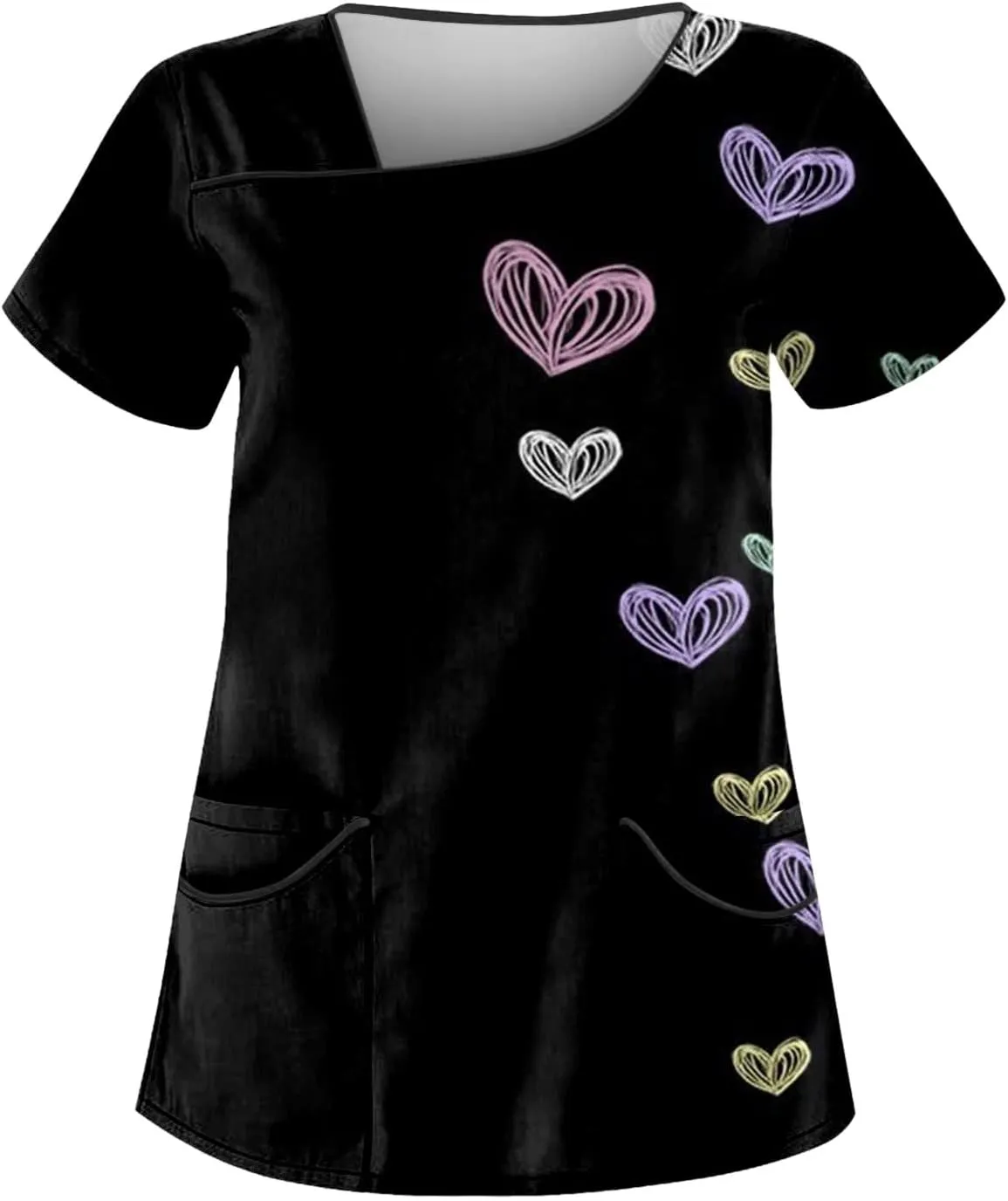 Scrubs for Women Short Sleeve Slant Collar Care Workwear Dressy Print T Shirts Classic Scrubs Tops with 4 Pockets