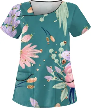 Scrubs for Women Short Sleeve Slant Collar Care Workwear Dressy Print T Shirts Classic Scrubs Tops with 4 Pockets