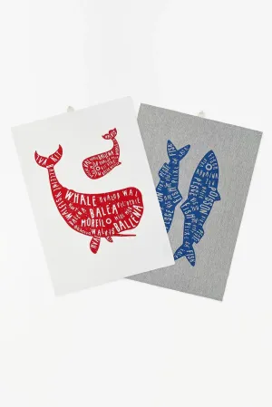 Set de 2 paños o trapos de cocina con peces y ballenas