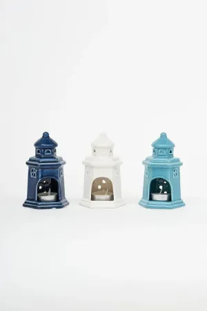 Set de 3 portavelas de cerámica con forma de faro