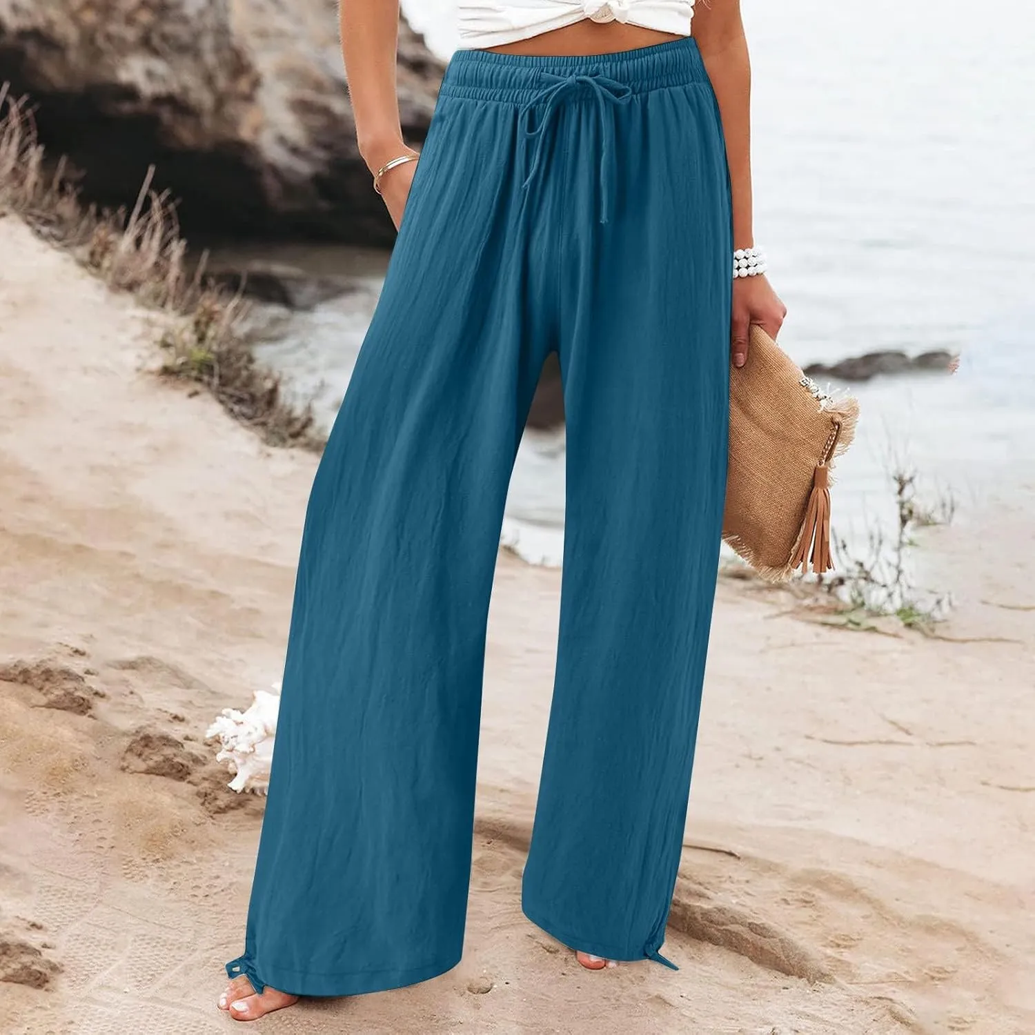 SHAOBGE Linen Pants Women Comfy Flowy Wide Leg Pants Trousers Summer High Waisted Beach Palazzo Pants with Pockets 2024