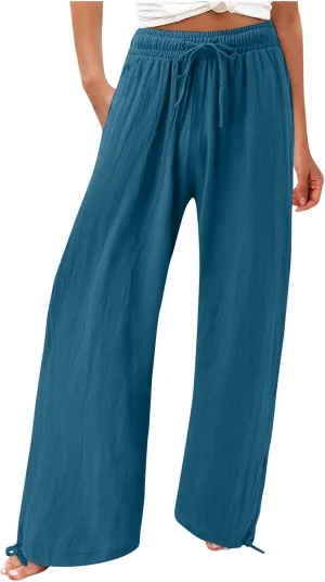 SHAOBGE Linen Pants Women Comfy Flowy Wide Leg Pants Trousers Summer High Waisted Beach Palazzo Pants with Pockets 2024