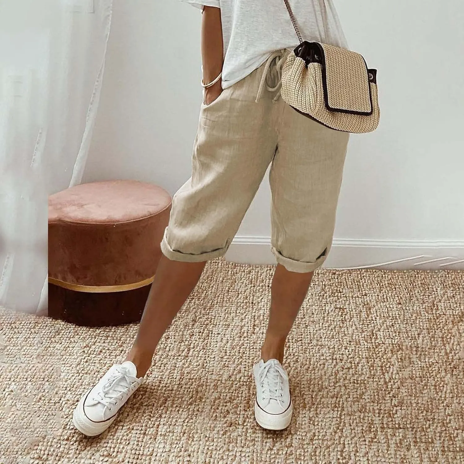 SHAOBGE Summer Pants for Women 2024 Women's Knee Length Short Pants Ladies Loose Drawstring Casual Trendy Pants