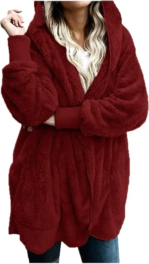 Sherpa Jacket Women Fuzzy Fleece Oversized Open Front Cardigan Hooded Soft Fluffy Robe Winter Coats with Pockets