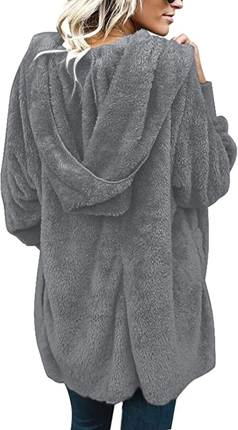 Sherpa Jacket Women Fuzzy Fleece Oversized Open Front Cardigan Hooded Soft Fluffy Robe Winter Coats with Pockets