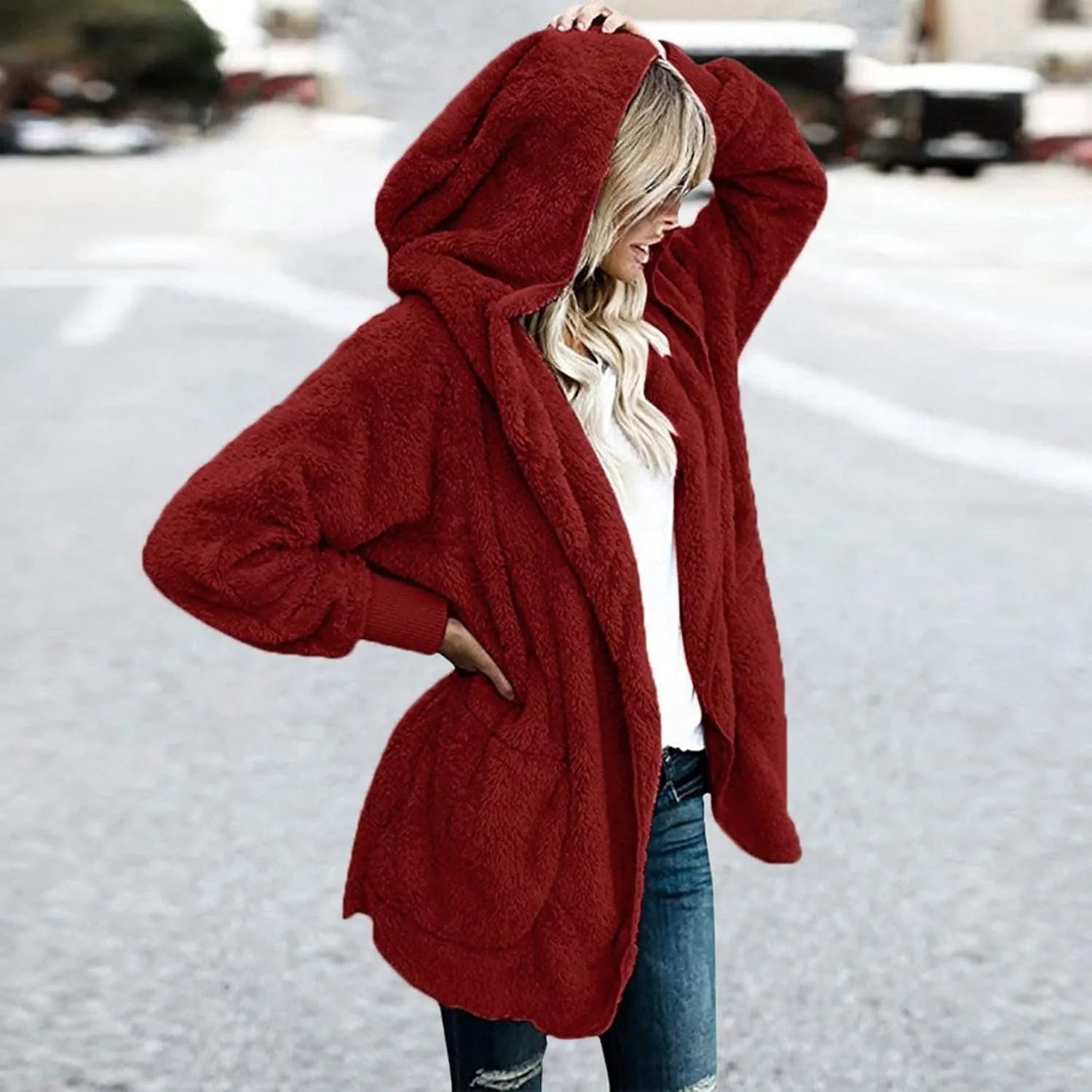 Sherpa Jacket Women Fuzzy Fleece Oversized Open Front Cardigan Hooded Soft Fluffy Robe Winter Coats with Pockets