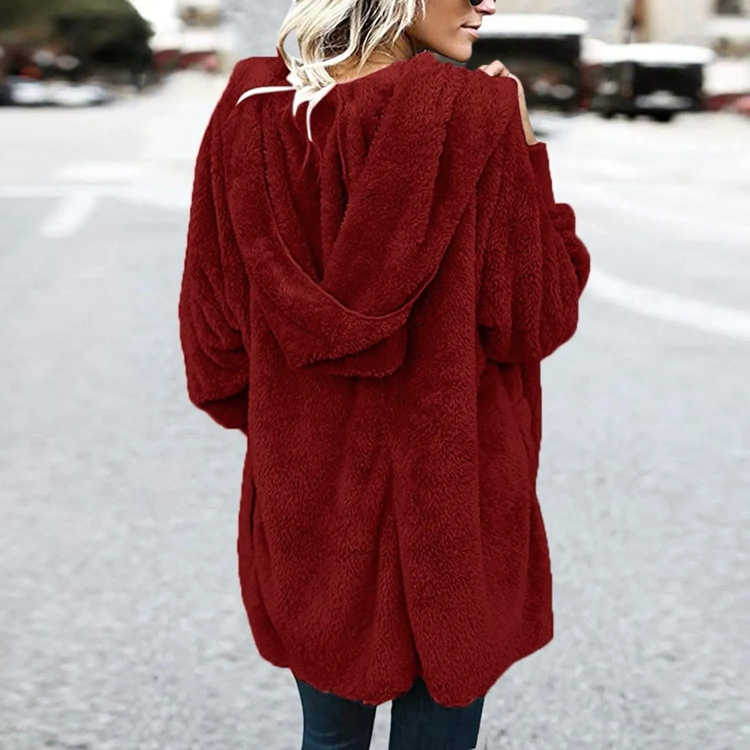 Sherpa Jacket Women Fuzzy Fleece Oversized Open Front Cardigan Hooded Soft Fluffy Robe Winter Coats with Pockets