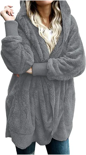 Sherpa Jacket Women Fuzzy Fleece Oversized Open Front Cardigan Hooded Soft Fluffy Robe Winter Coats with Pockets