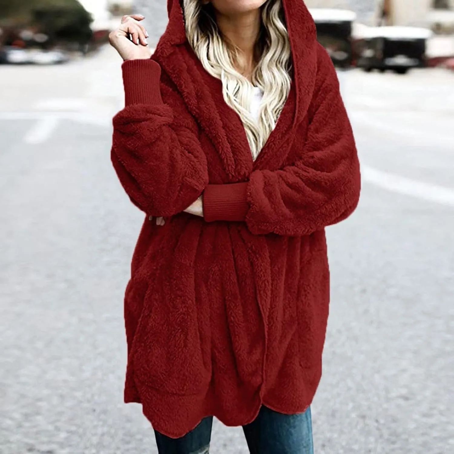 Sherpa Jacket Women Fuzzy Fleece Oversized Open Front Cardigan Hooded Soft Fluffy Robe Winter Coats with Pockets