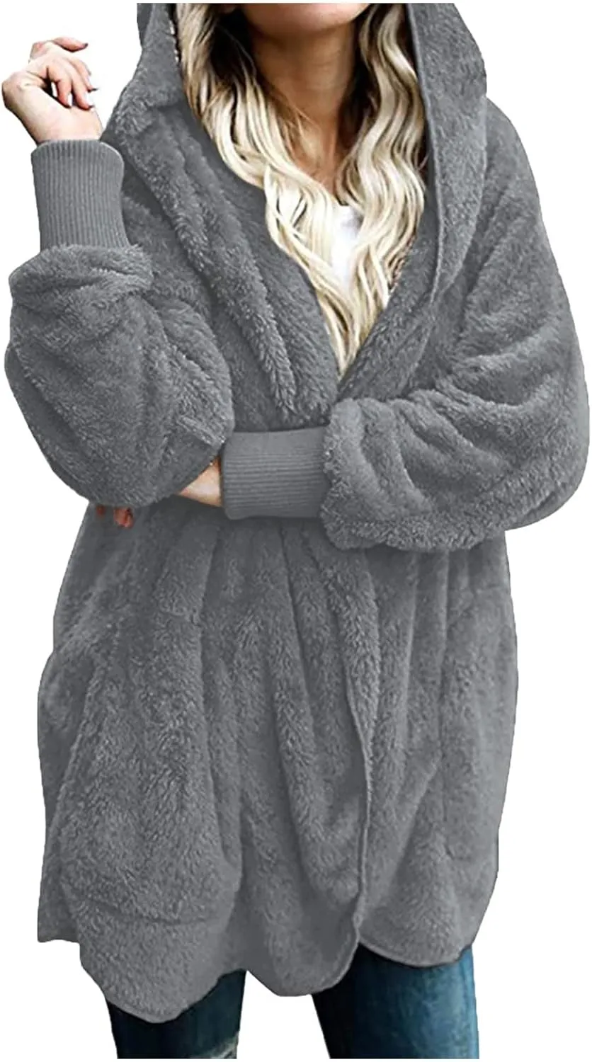 Sherpa Jacket Women Fuzzy Fleece Oversized Open Front Cardigan Hooded Soft Fluffy Robe Winter Coats with Pockets