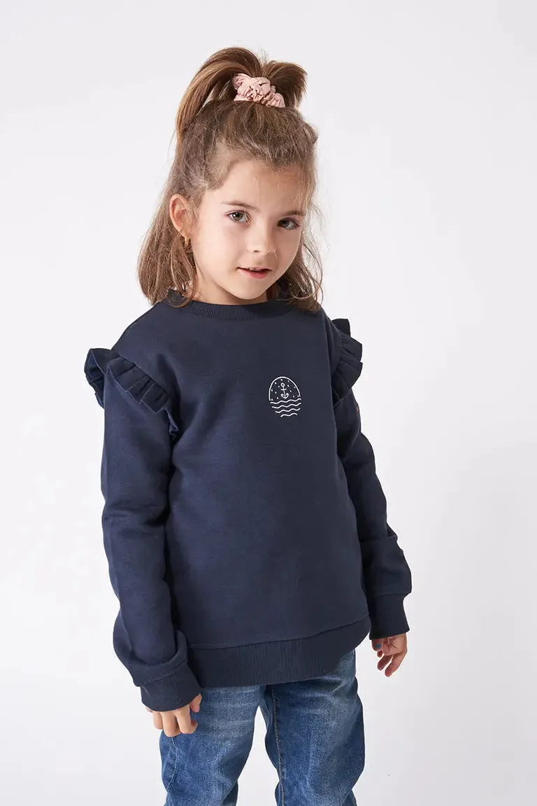 Sudadera de niña con volante en hombros en algodón terry