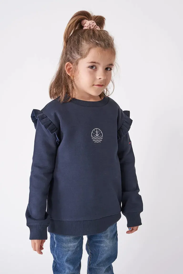 Sudadera de niña con volante en hombros en algodón terry