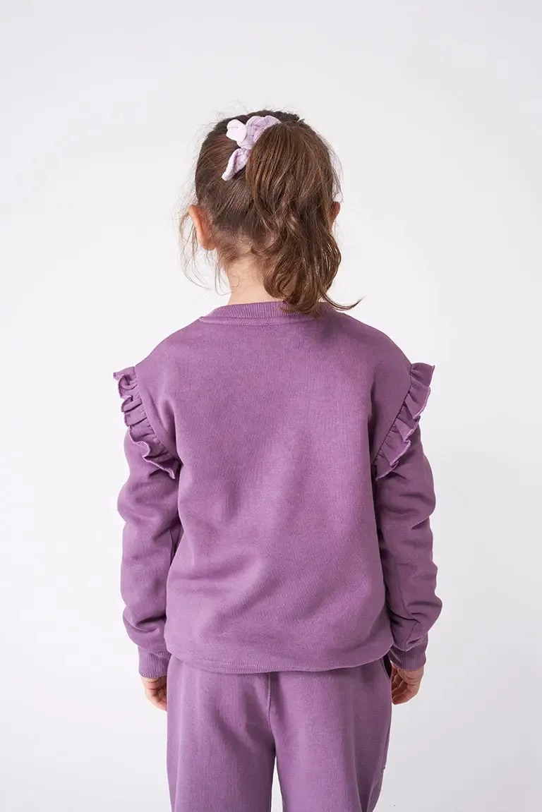 Sudadera de niña con volante en hombros en algodón terry