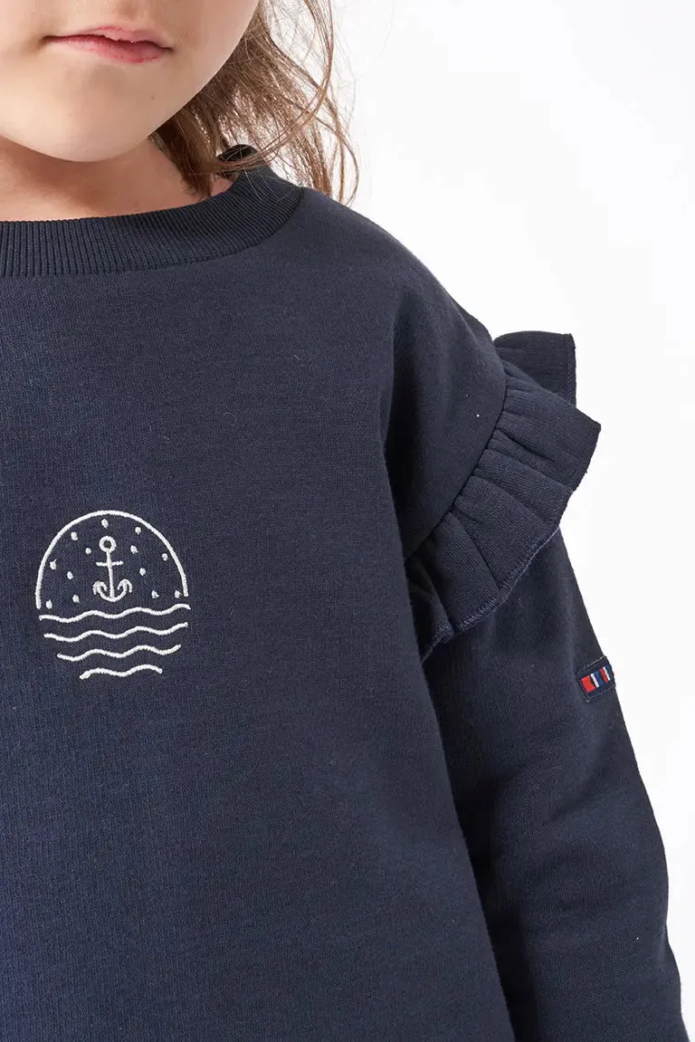 Sudadera de niña con volante en hombros en algodón terry