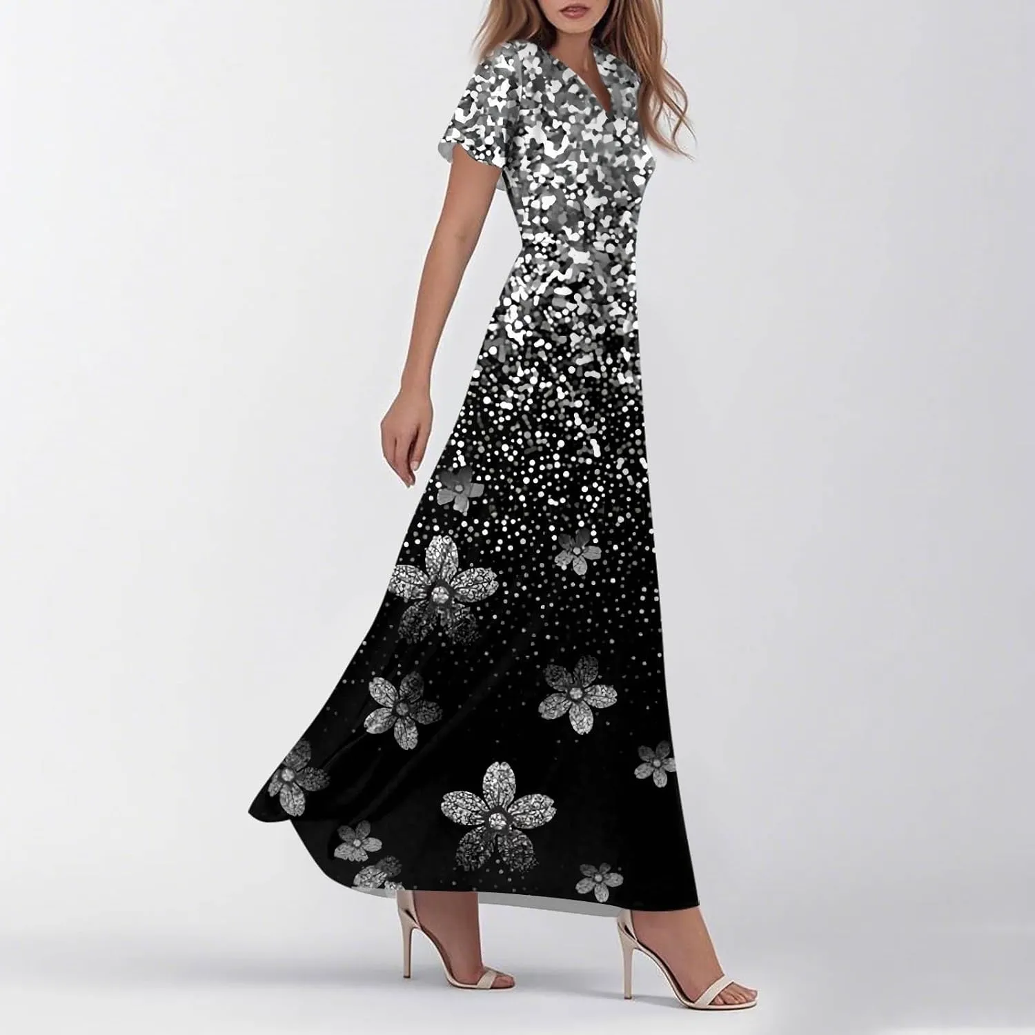 Summer Dresses for Women 2025 Elegant V-Neck Short Sleeve Flowy Dress Garden Floral Dress Vacation Holiday