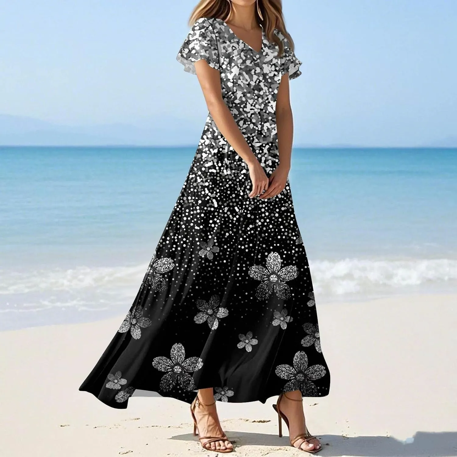 Summer Dresses for Women 2025 Elegant V-Neck Short Sleeve Flowy Dress Garden Floral Dress Vacation Holiday