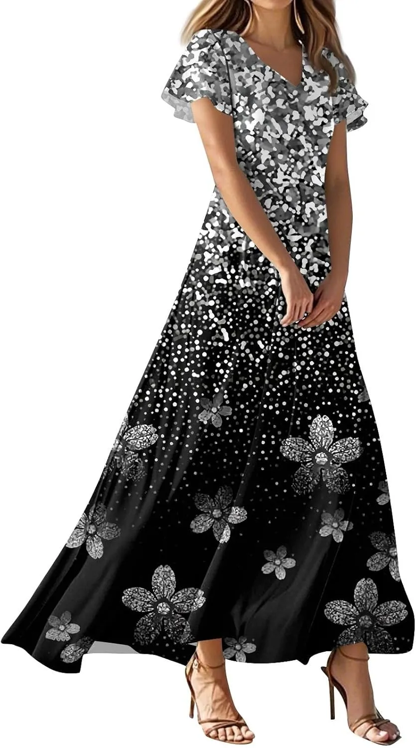 Summer Dresses for Women 2025 Elegant V-Neck Short Sleeve Flowy Dress Garden Floral Dress Vacation Holiday
