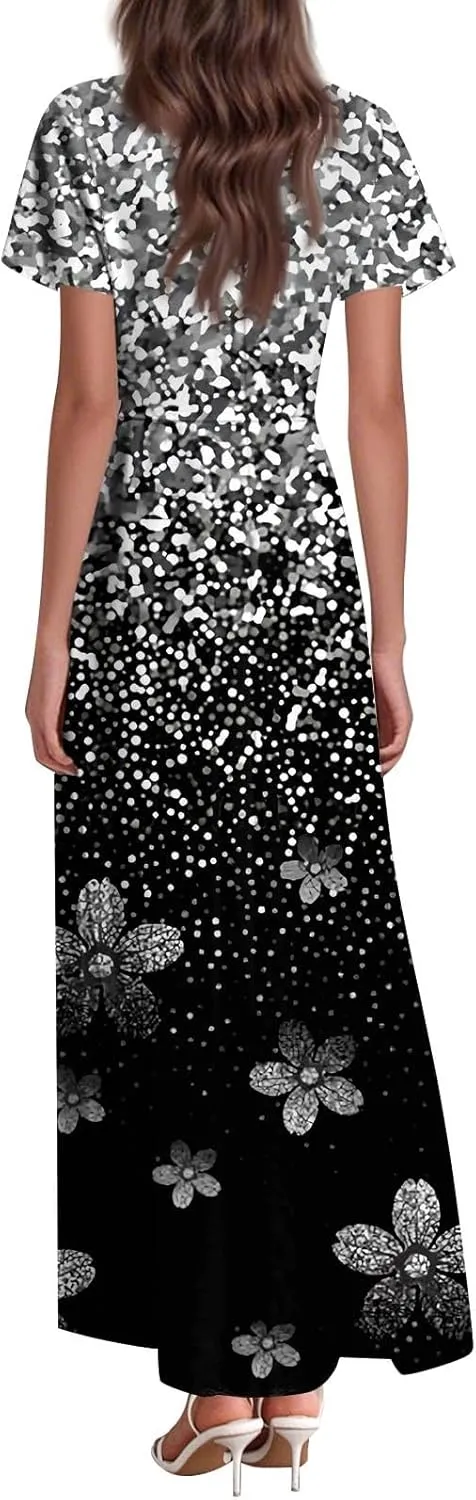 Summer Dresses for Women 2025 Elegant V-Neck Short Sleeve Flowy Dress Garden Floral Dress Vacation Holiday