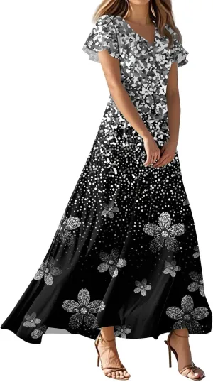 Summer Dresses for Women 2025 Elegant V-Neck Short Sleeve Flowy Dress Garden Floral Dress Vacation Holiday