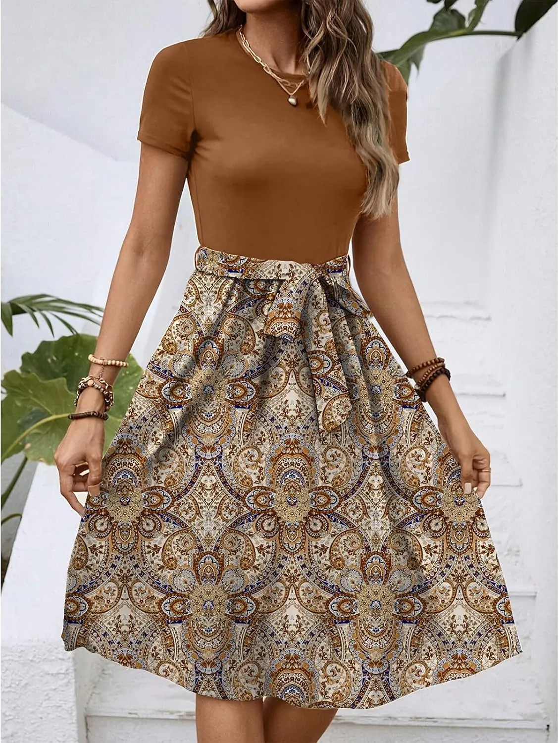 Summer Dresses for Women 2025 Office Work Teacher Dress with Tie Waist Short Sleeve Wrap Around Midi Dresses