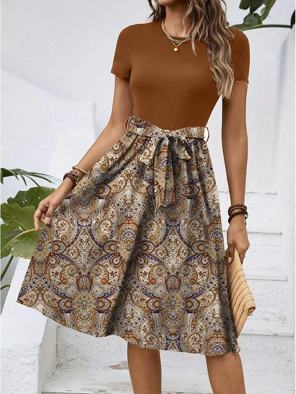 Summer Dresses for Women 2025 Office Work Teacher Dress with Tie Waist Short Sleeve Wrap Around Midi Dresses