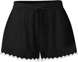 Summer Shorts for Women 2025 Trendy Casual Lace Hem Beach Shorts Plus Size Elastic High Waist Summer Wide Leg Short