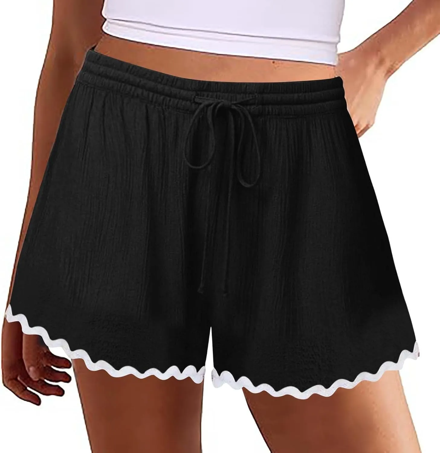 Summer Shorts for Women 2025 Trendy Casual Lace Hem Beach Shorts Plus Size Elastic High Waist Summer Wide Leg Short