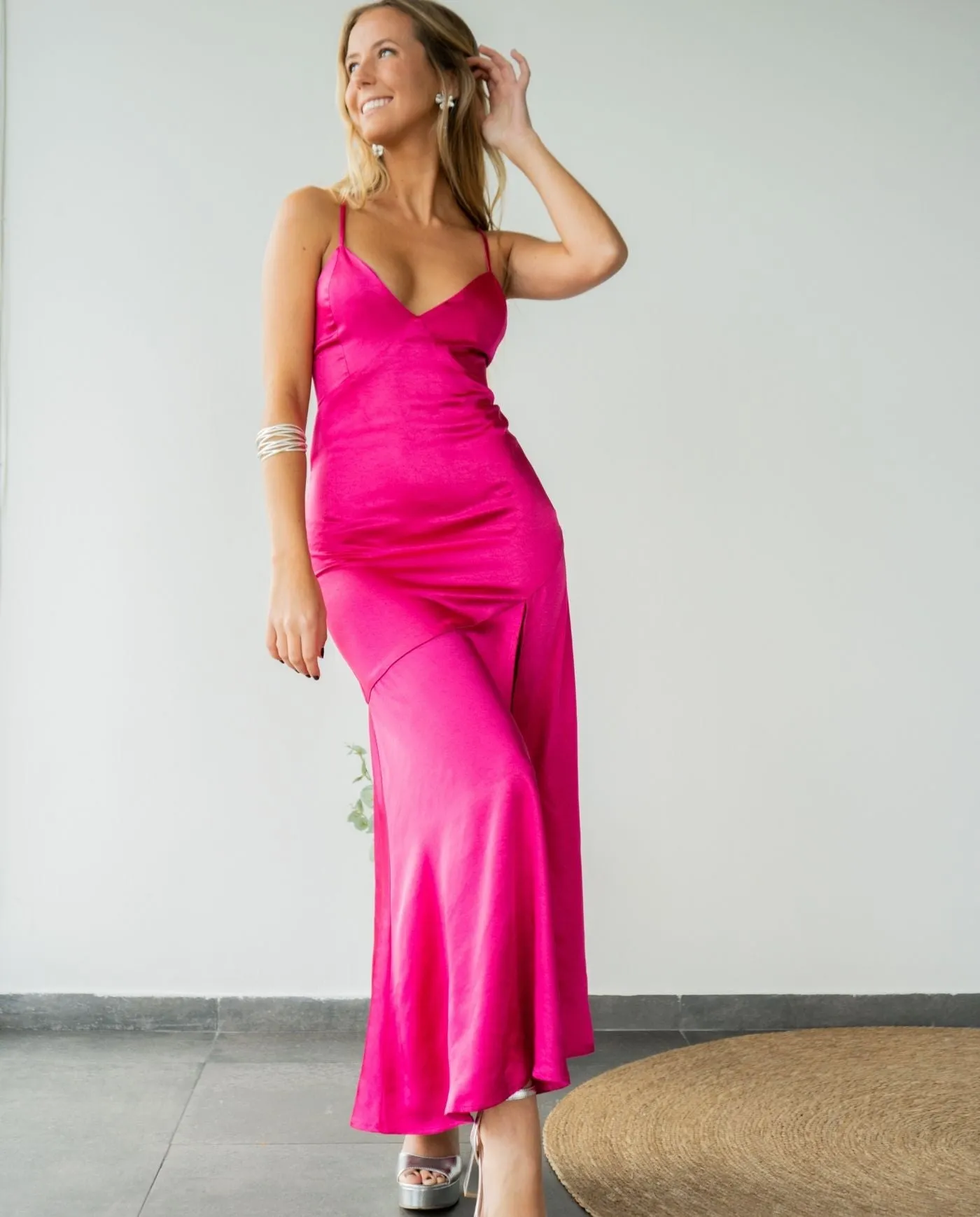 Vestido de Fiesta Largo Renata Satín Fucsia