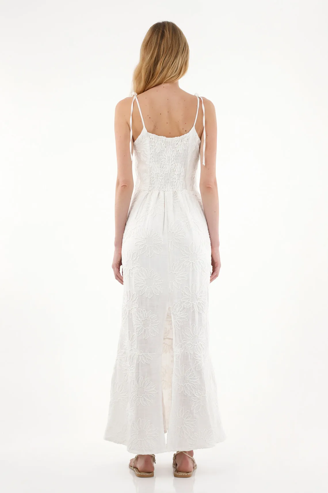 Vestido largo de tela bordada crudo para mujer