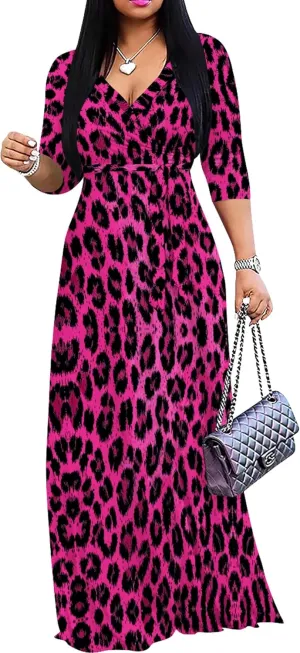 weiyinhe Maxi Dress for Women V Neck Casual 3/4 Sleeve Wrap Sexy Long Dresses Floral with Belt